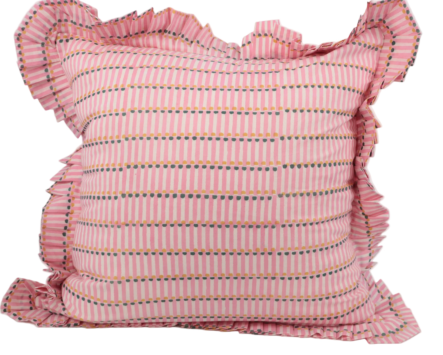 Pink striped pillow with ruffled edges on a white background