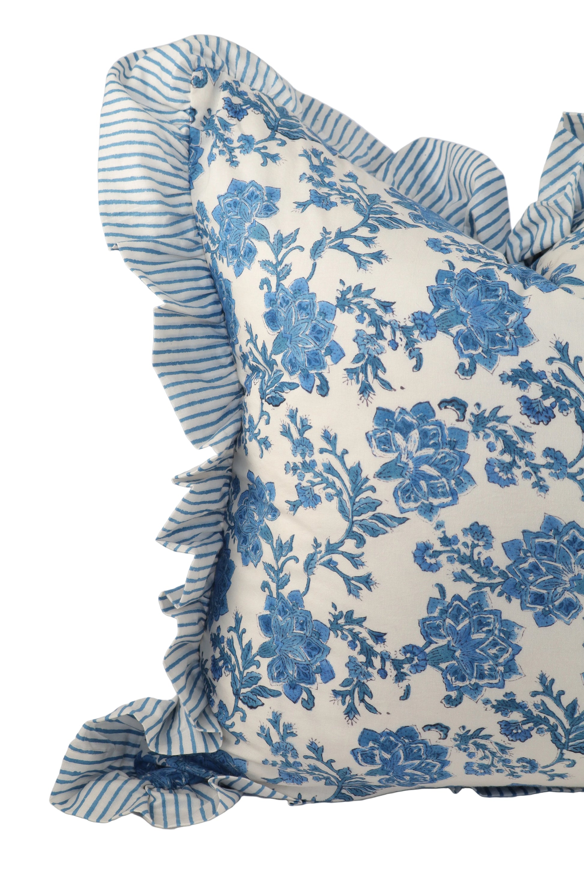 Decorative pillow with blue floral pattern and striped trim on a white background