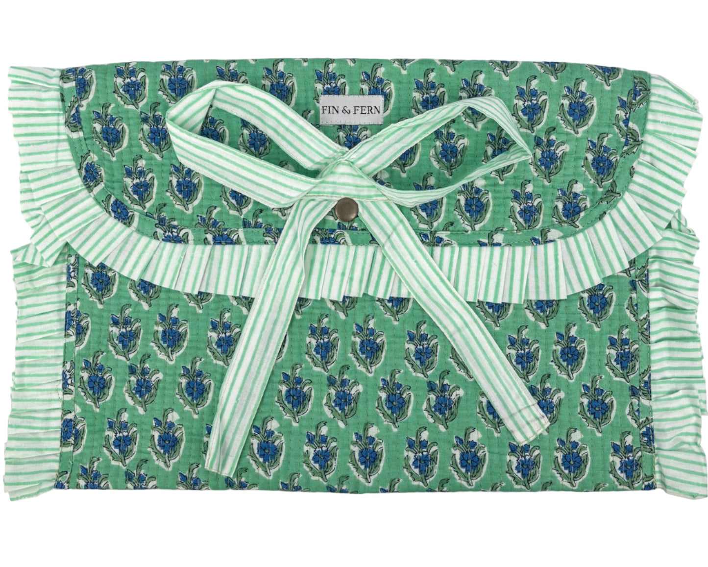 Green patterned fabric with a bow and 'Fin & Fern' branding